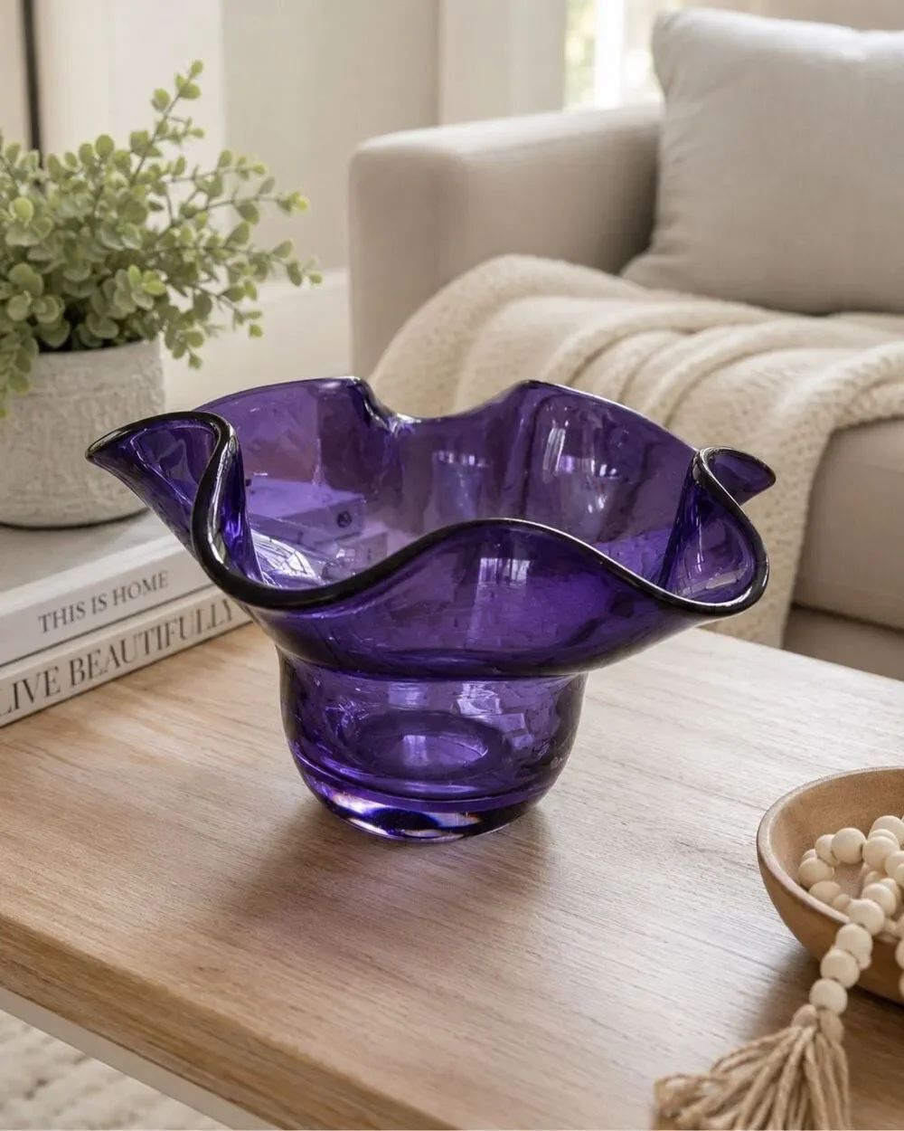 Purple Art Glass Ruffled Bowl Hand Blown Wavy Decorative Candy Dish 6” Vintage